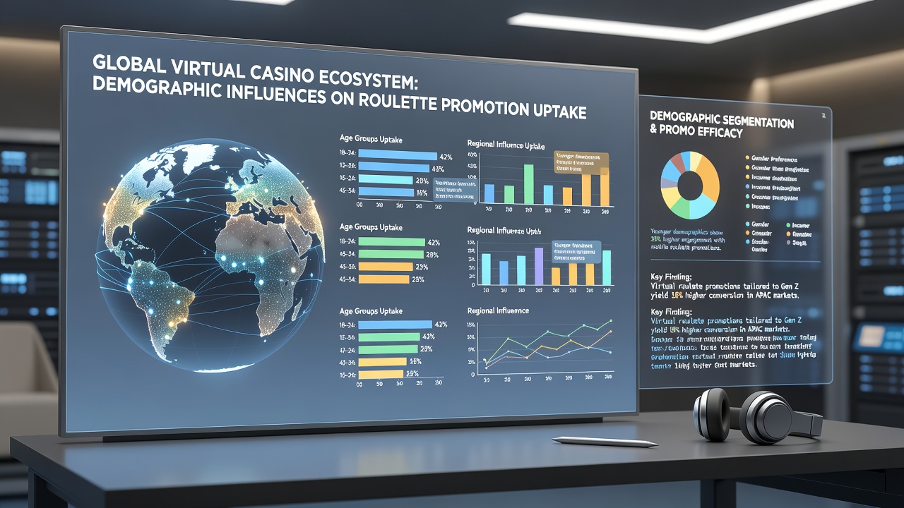 Analytics dashboard displaying demographic segmentation charts for roulette promotion uptake across global regions