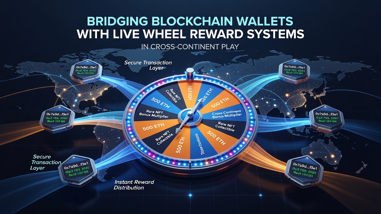 Cross-continent live roulette reward system architecture showing blockchain wallet connections