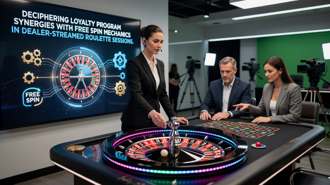 Close-up of roulette wheel with loyalty tier progress bar and free spin counter visible on the dealer stream overlay
