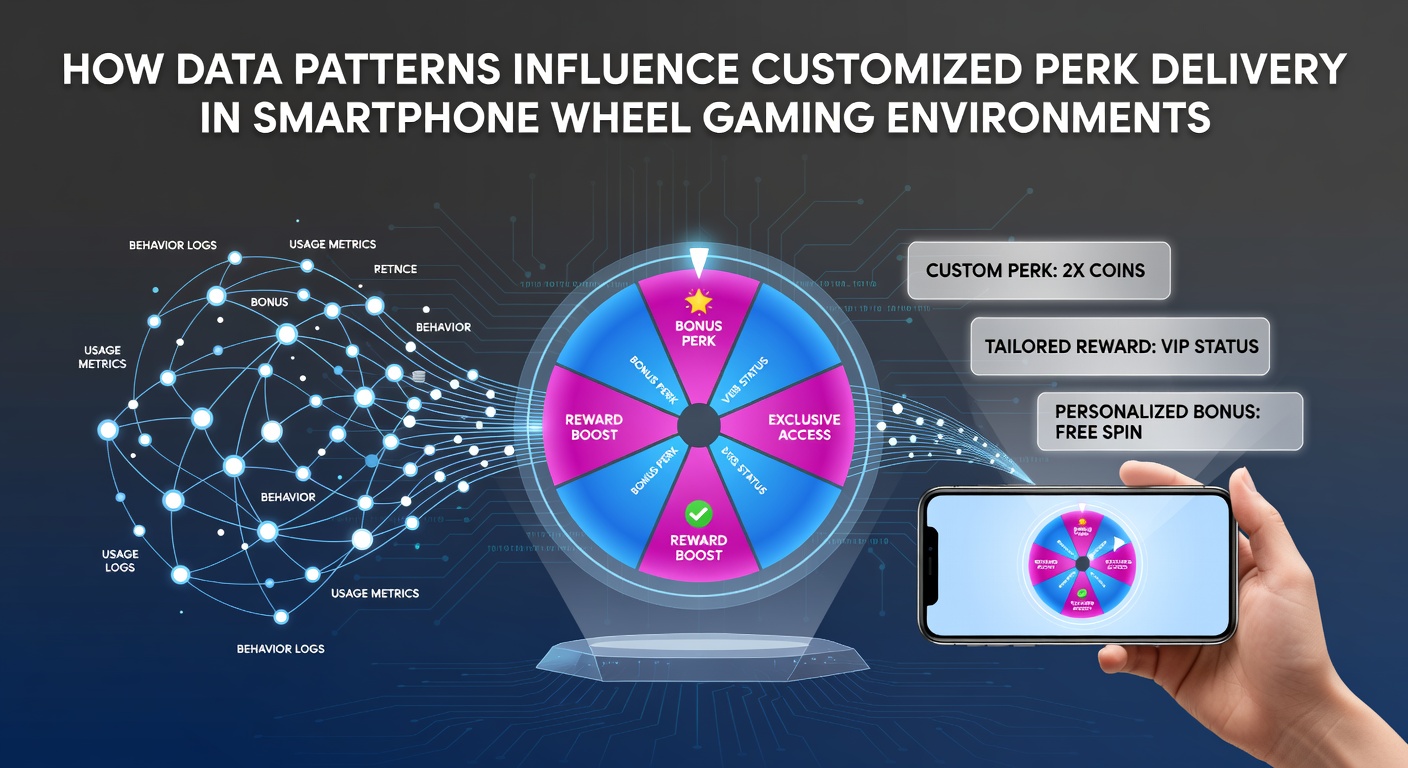 Smartphone screen displaying wheel game interface with data analytics overlay showing player patterns and perk recommendations