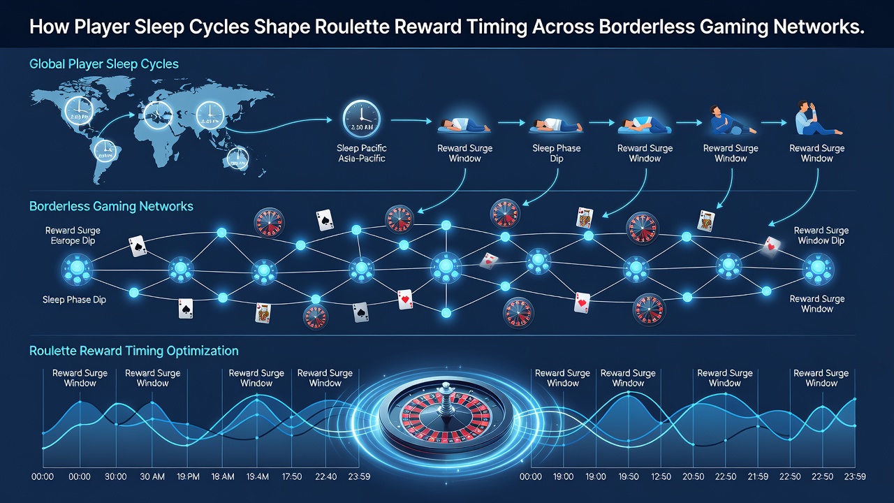 Global network diagram showing sleep cycle data influencing roulette bonus delivery across regions