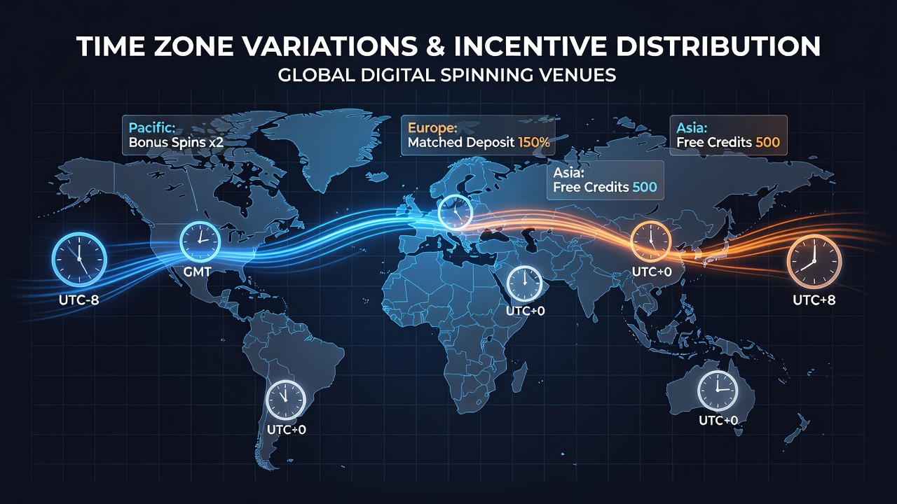 Global map showing time zone overlaps and digital spinning venue activity patterns across continents