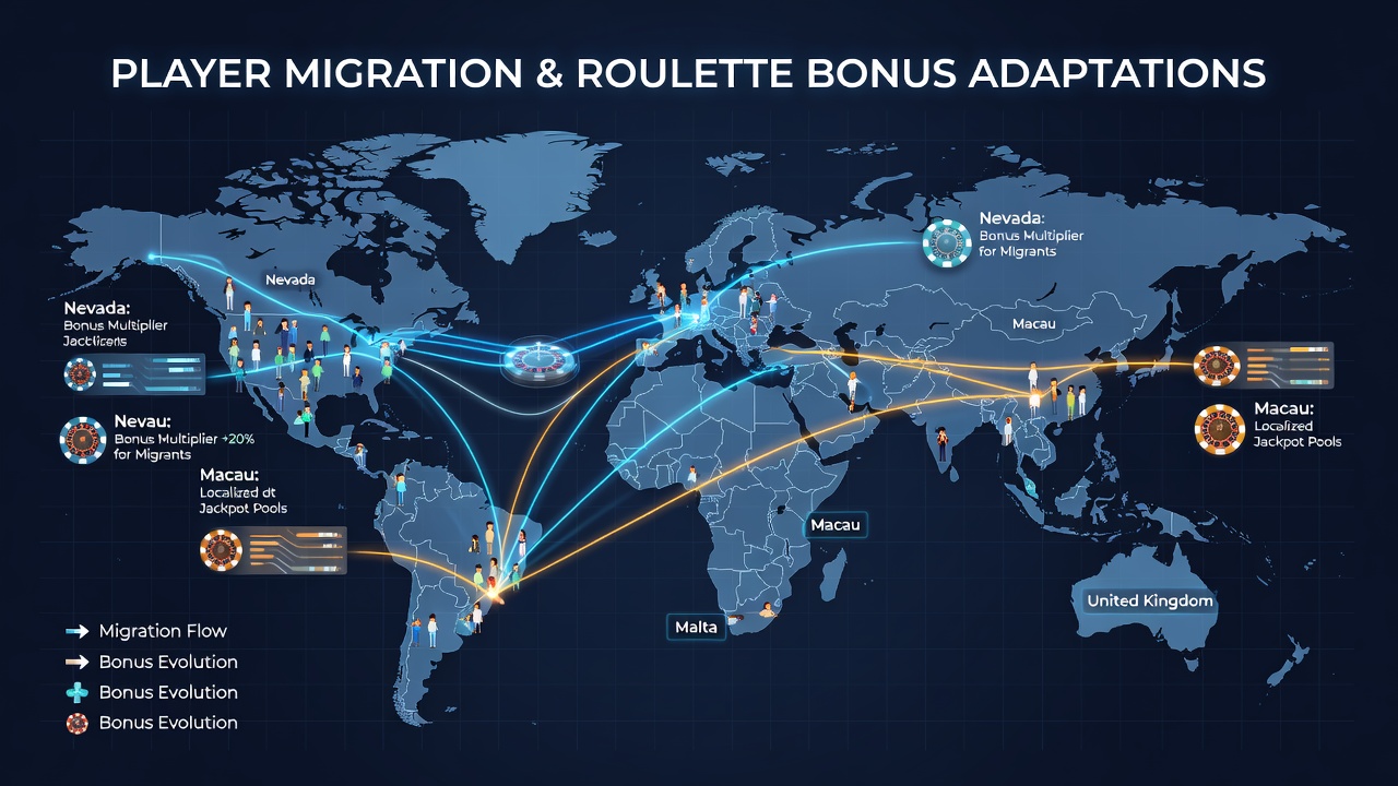 Visualization of player migration flows affecting roulette bonus structures in multiple regions