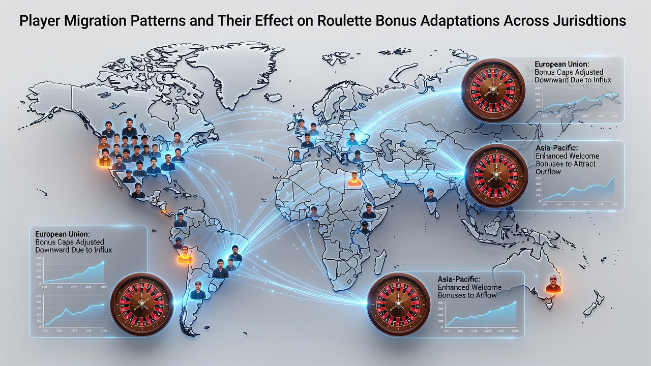 Roulette table interface displaying adapted bonus indicators across different jurisdictions