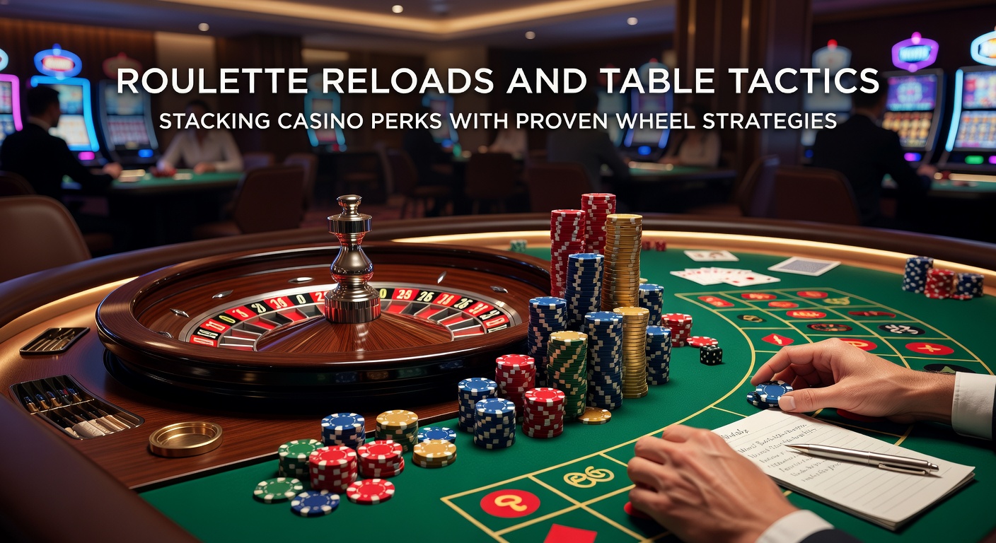 Close-up of a roulette wheel mid-spin with bonus chips and strategy charts overlaid, capturing the blend of perks and tactical betting