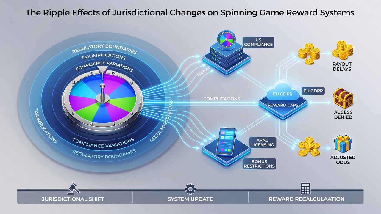 Diagram depicting layered regulatory frameworks affecting digital spinning game bonuses and player reward tracking