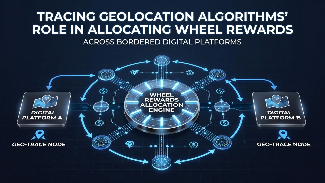 Geolocation algorithms mapping player locations across digital platforms for reward allocation in wheel games