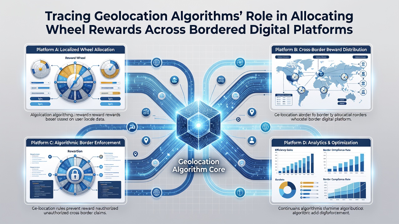 Data flow diagram showing geolocation inputs feeding into reward allocation engines on bordered digital platforms